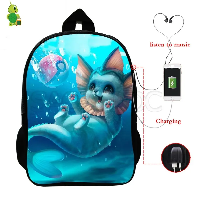 Забавный рюкзак Pokemon Pikachu Mewtwo с зарядкой через USB, многофункциональные школьные сумки для девочек-подростков и мальчиков, большие дорожные сумки через плечо