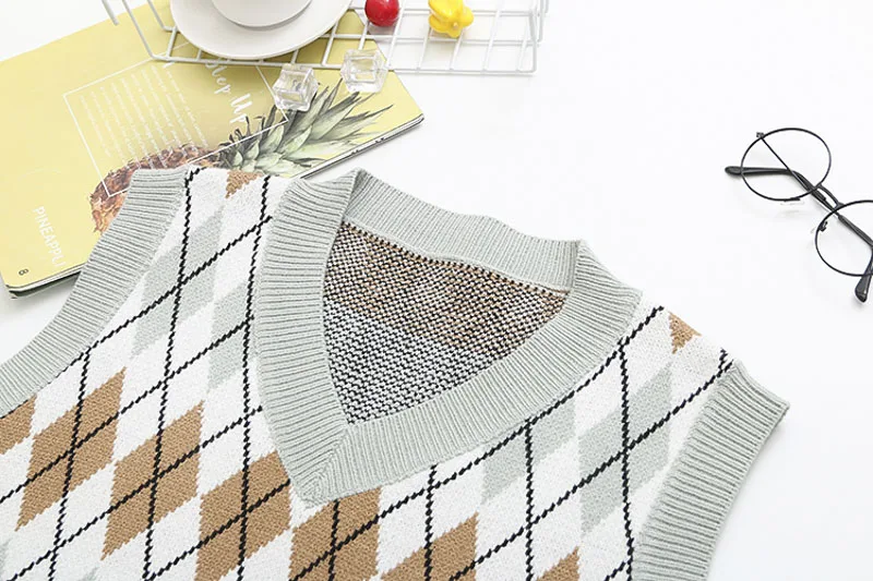 Preppy Style Argyle Contrast Colors V Neck Knitted Vests Women Casual Sleeveless Oversized Sweater Pullovers Waistcoat | Женская одежда