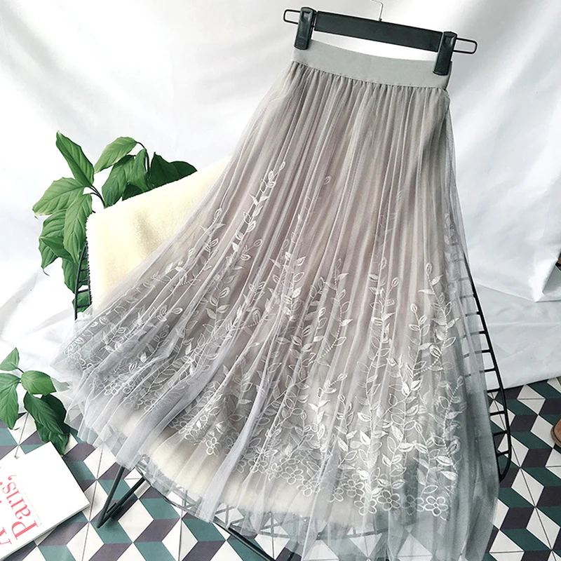 

New Summer Floral Embroidery A-line Tutu Lace Mesh Skirt Women Women Midi Skirt High Quality Elegant Tulle Long Pleated Skirt