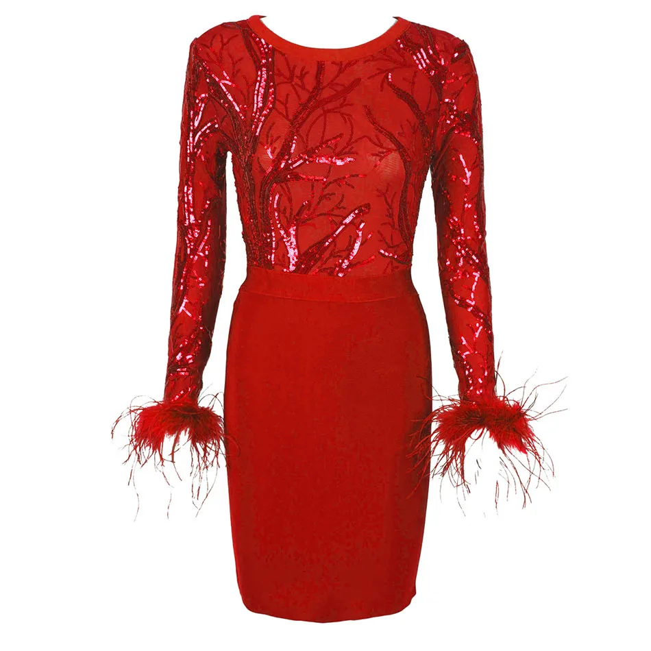 Женское вечернее платье выше колена Красное Облегающее с длинным рукавом и