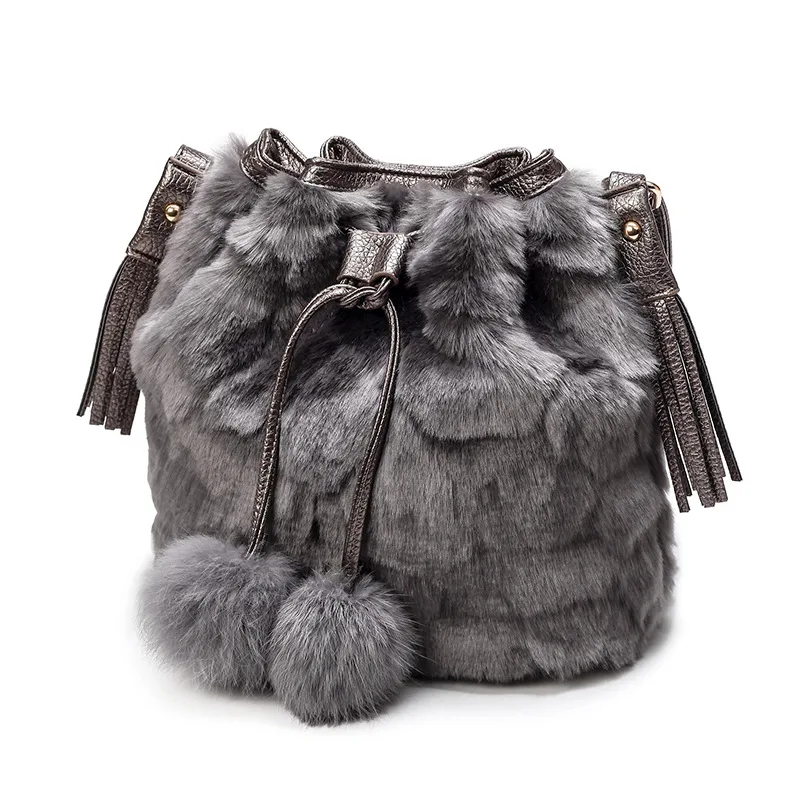 

2021 Winter New Faux Rabbit Fur Women Shoulder Bag Fashion Crossbody Bags Chain Bucket Bag For Female