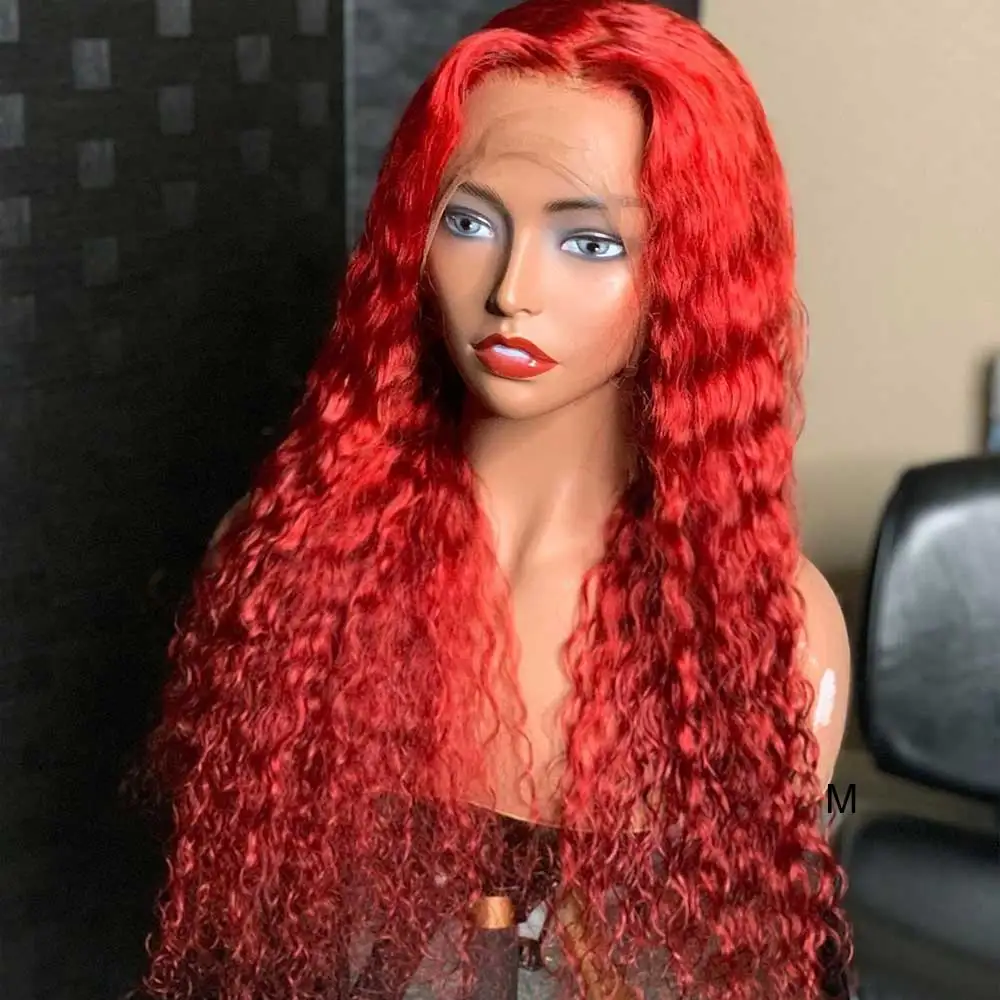 Предварительно выщипанные 13x6 человеческие волосы парик Remy Кудрявый красный цвет