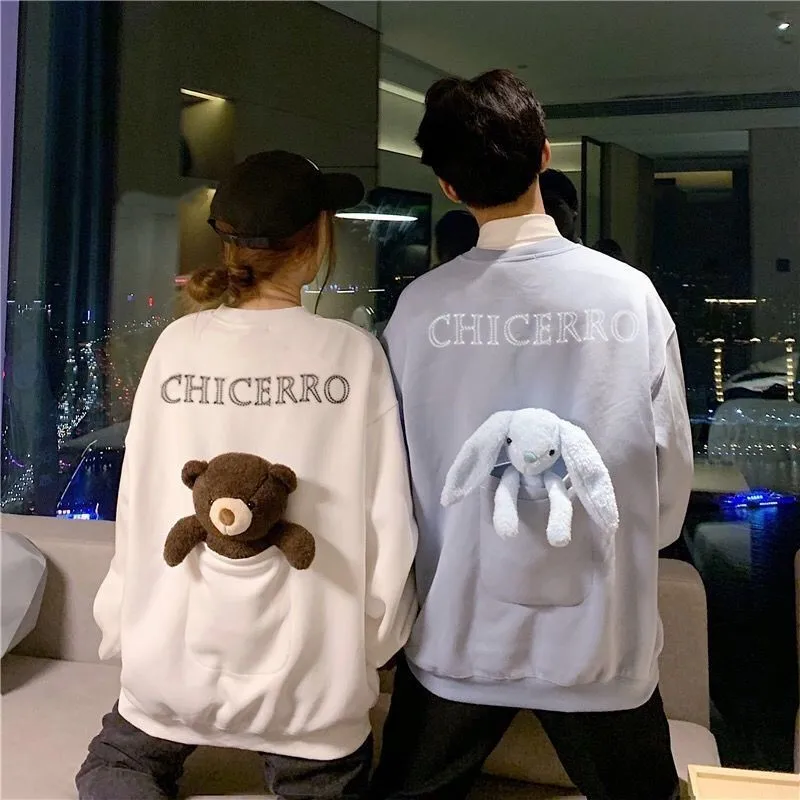 Harajuku Embroidered Crew Neck Womens Sweatshirt Hoodie Clothes for Women Winter 2021 Clothes Cute Bear Big Pocket Couple Outfit
