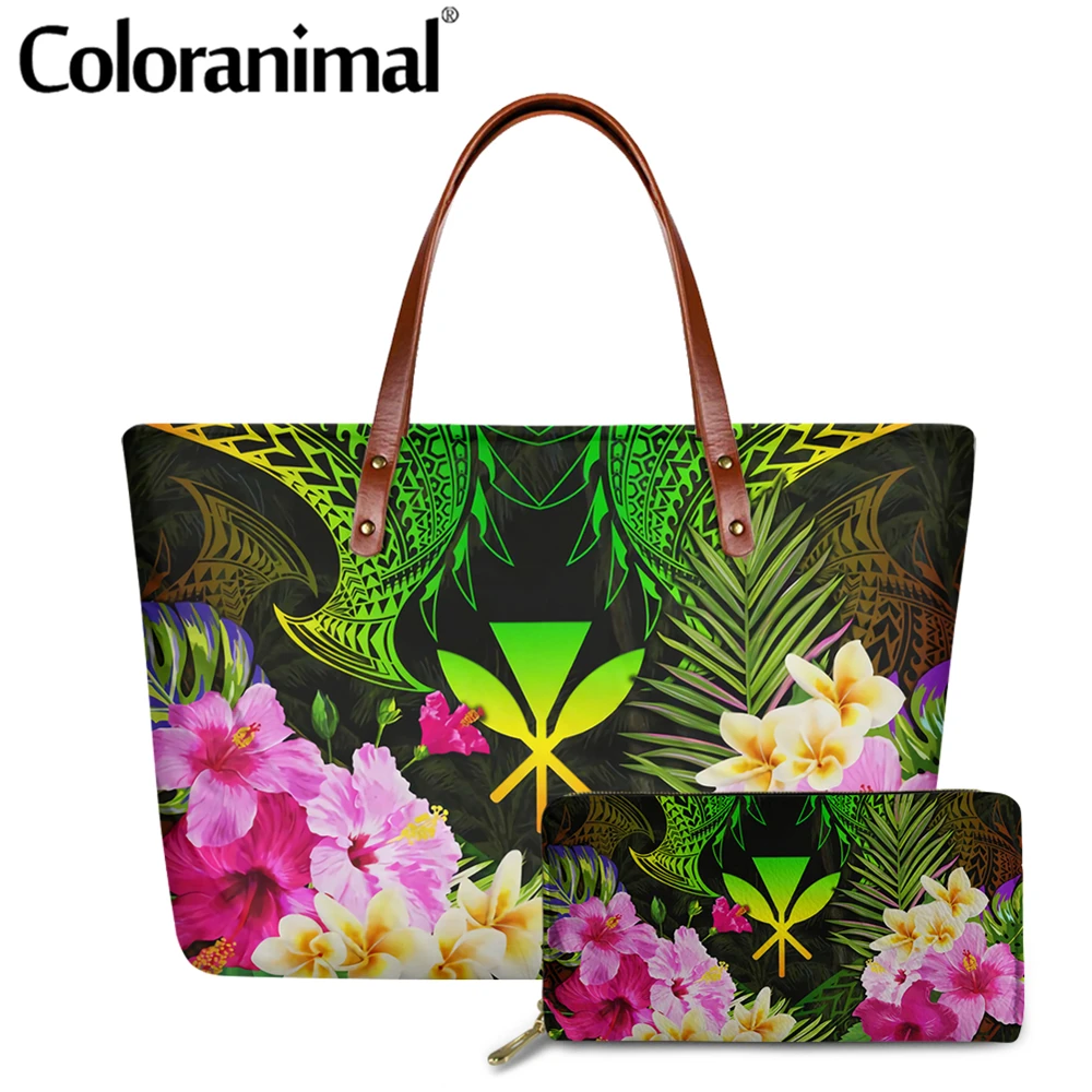 

Coloranimal Hawaii Polynesian Plumeria Hibiscus Prints Ladies Tote Handbag 2Pcs/Set Shouldet Bag for Women Big Top-Handle Bag