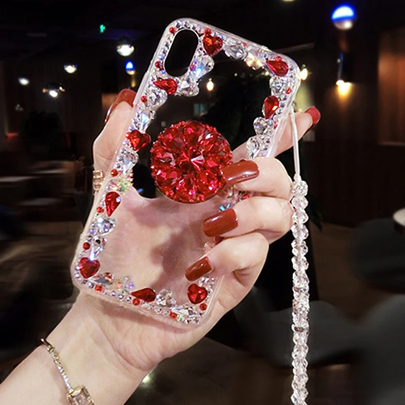 As the picture shows Чехол для iPhone 6, 7, 8 Plus, XR, X, XS MAX, корпуса для телефона, аксессуары, с ремешком, держатель, задняя крышка, чехол для женщин, девушек, алмаз, Capinha - Цвет: As the picture shows