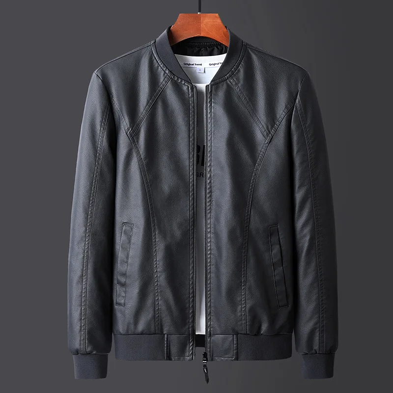 

2021 autumn new men's stitching fashion leather jacket, slim fit, baseball collar, PU leather jacket