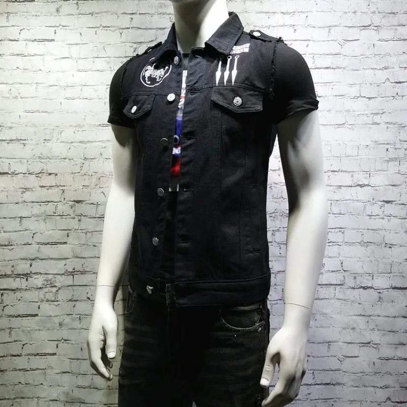 Fashion Mens Casual Sleeveless Denim Vest Short Jacket Harajuku Printed Single Breasted Waistcoat Korean Slim Fit Cowboy Vests | Мужская