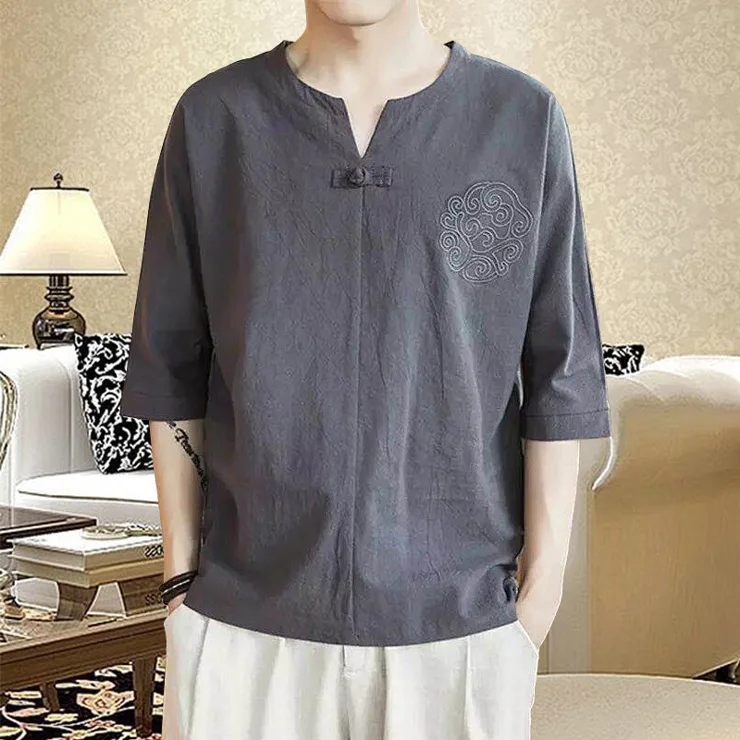 Рубашка Мужская льняная в китайском стиле Повседневный Ретро топ с V образным
