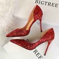 star same style red wedding shoes side hollow silver high heels stiletto pointed toe sequined shoes for wedding women heels
