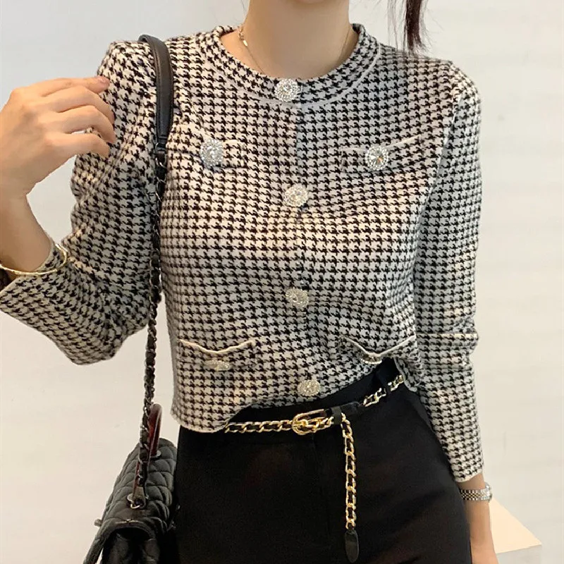 

Women Coat Female Short Jacket 2021 Autumn New Vintage Houndstooth Slim Skinny Plaid Elegant Gentle Warm Office Lady
