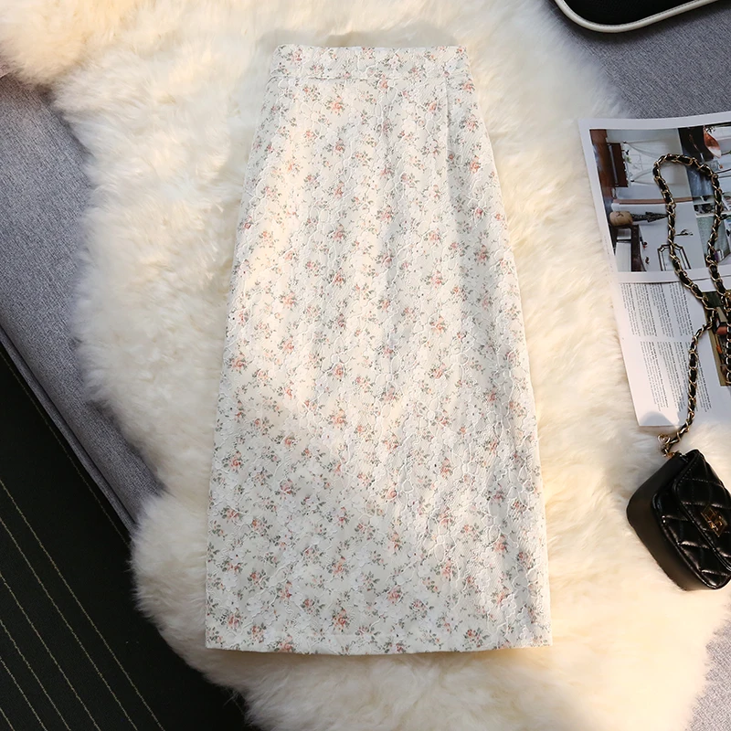 

Chic Ins European French Romantic Women Split Lace Floral Long Skirt Summer New Sweet High Waist A-Line Elegant OL Ladies Bottom