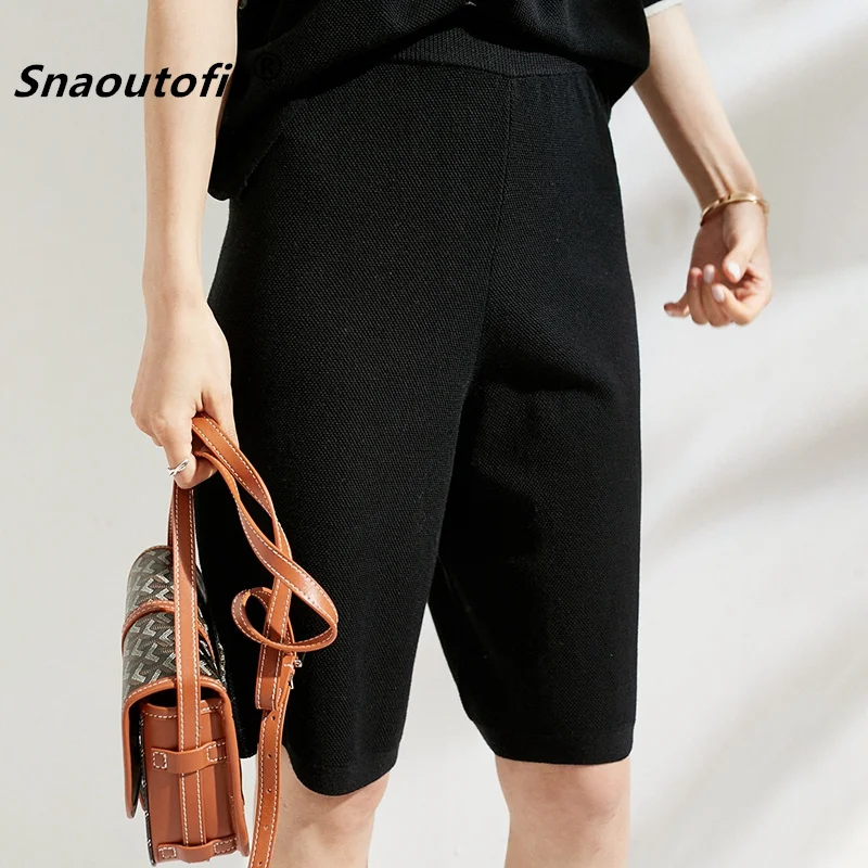 Summer Simple Casual Suit Thin Section Polo Collar Pure Wool Sweater Knitted T-Shirt Shorts Sports Two-Piece Female