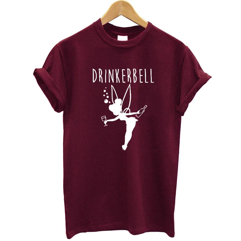 WI07-Maroon Drinker Bell, женская футболка, хлопок, короткий рукав, Круглый ворот, летние топы, уличная мода, винная футболка, Женская забавная футболка, розовая - Цвет: WI07-Maroon