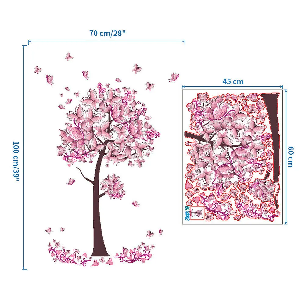 

Pink Flower Butterfly Tree Wall Stickers Art Decal Girls Bedroom Decor #4