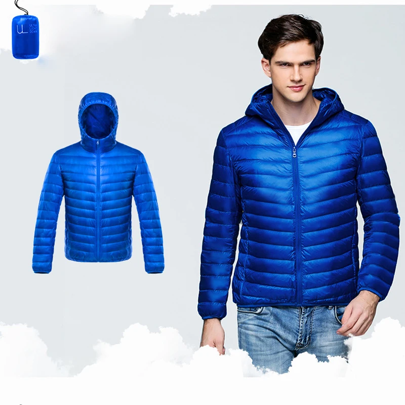 Мужской пуховик с капюшоном теплый перьями однотонный тонкий светильник 5XL