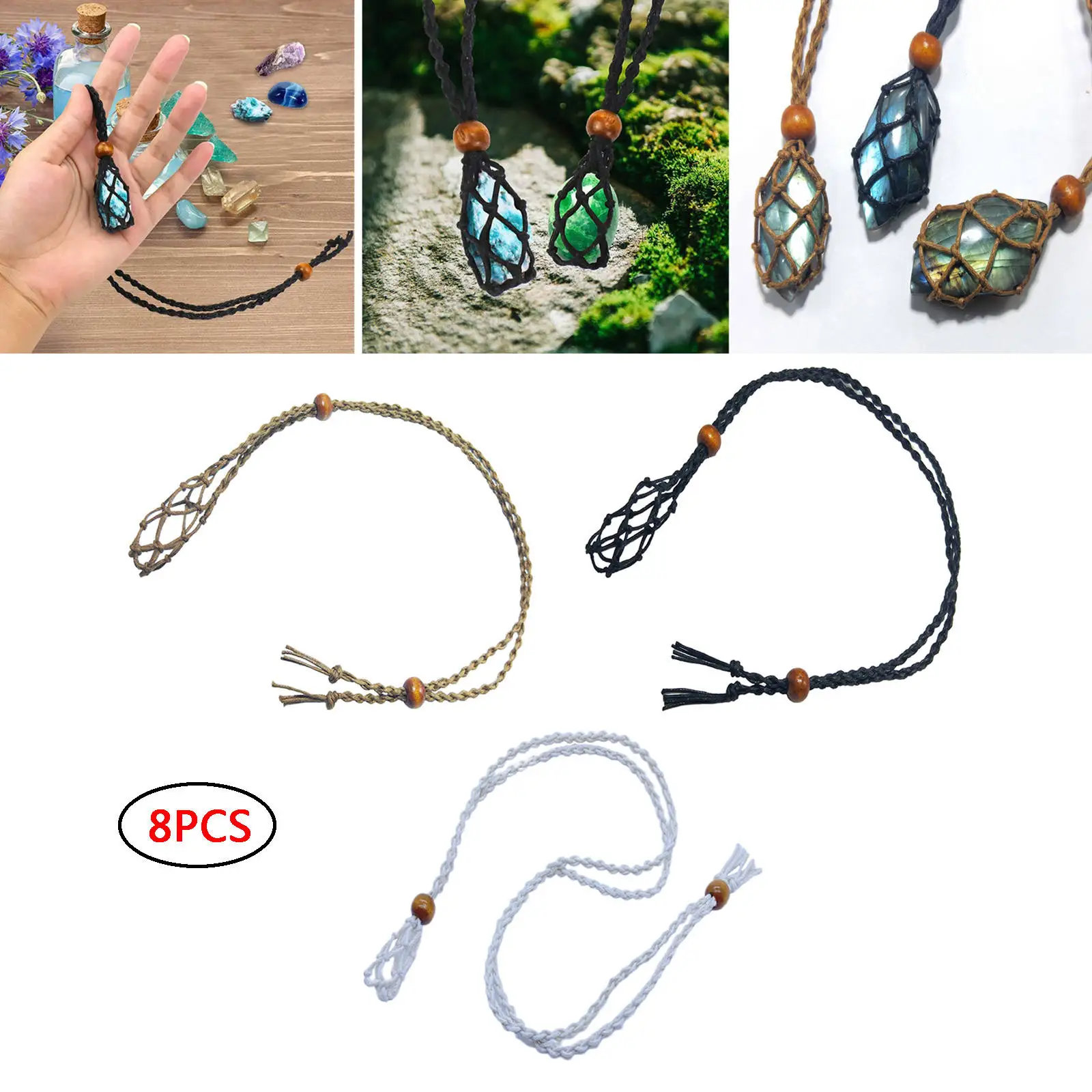 

8x Crystal Necklace Cord Empty Stone Holder Adjustable Length Braided Pendant Quartz Stone Net for Jewelry DIY Accessories