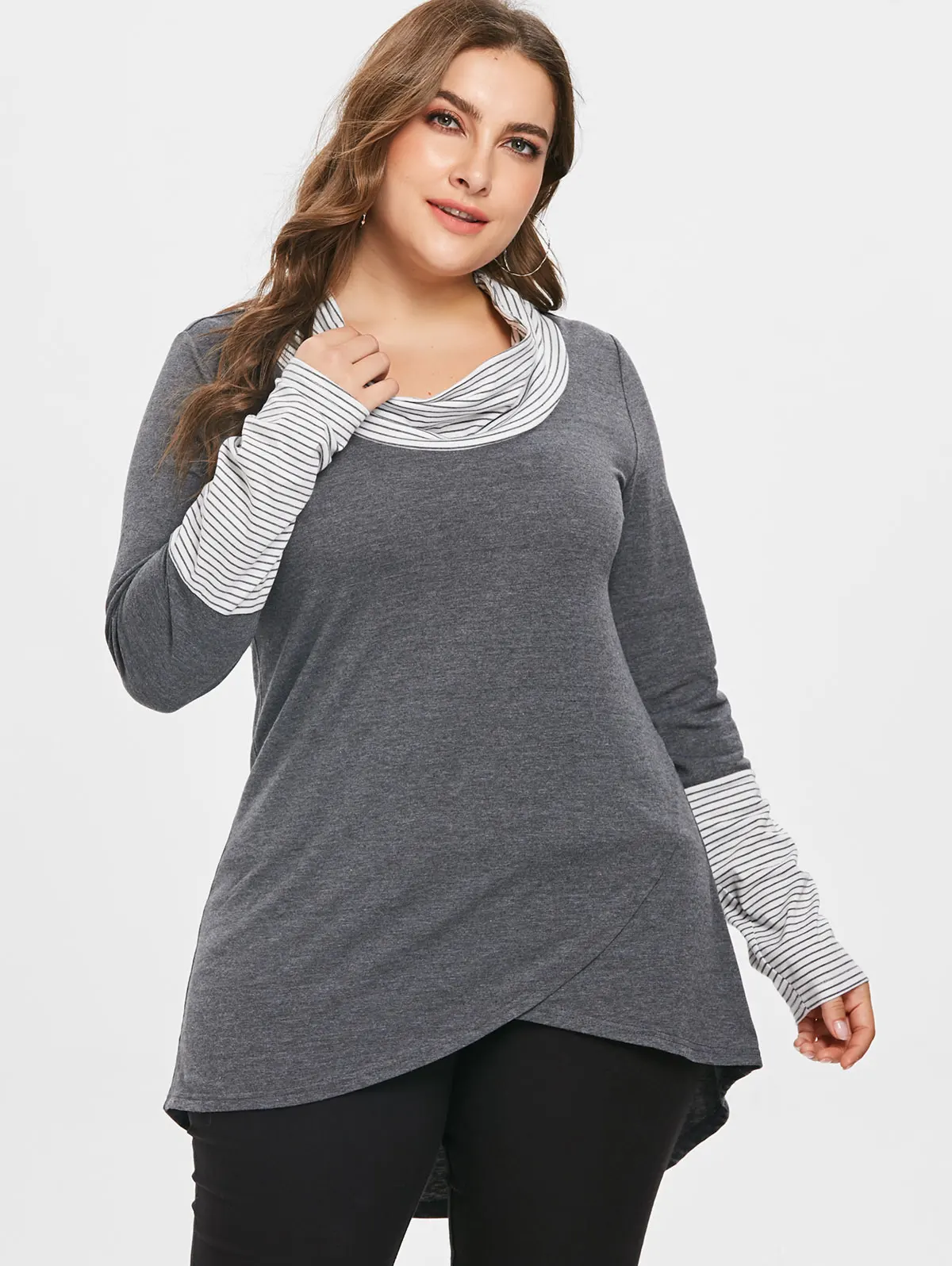 ROSEGAL плюс размер полосатая Высокая Низкая футболка с длинными рукавами Хомут