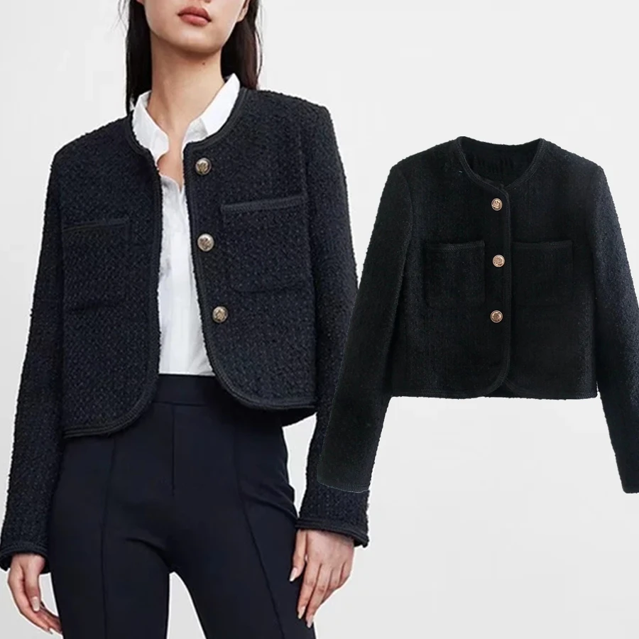 

Dave&Di England Jaqueta Feminina Style Fashion Jacket Women Vintage Gold Buttons Short winter Casaco Solid Simple Causal Jackets
