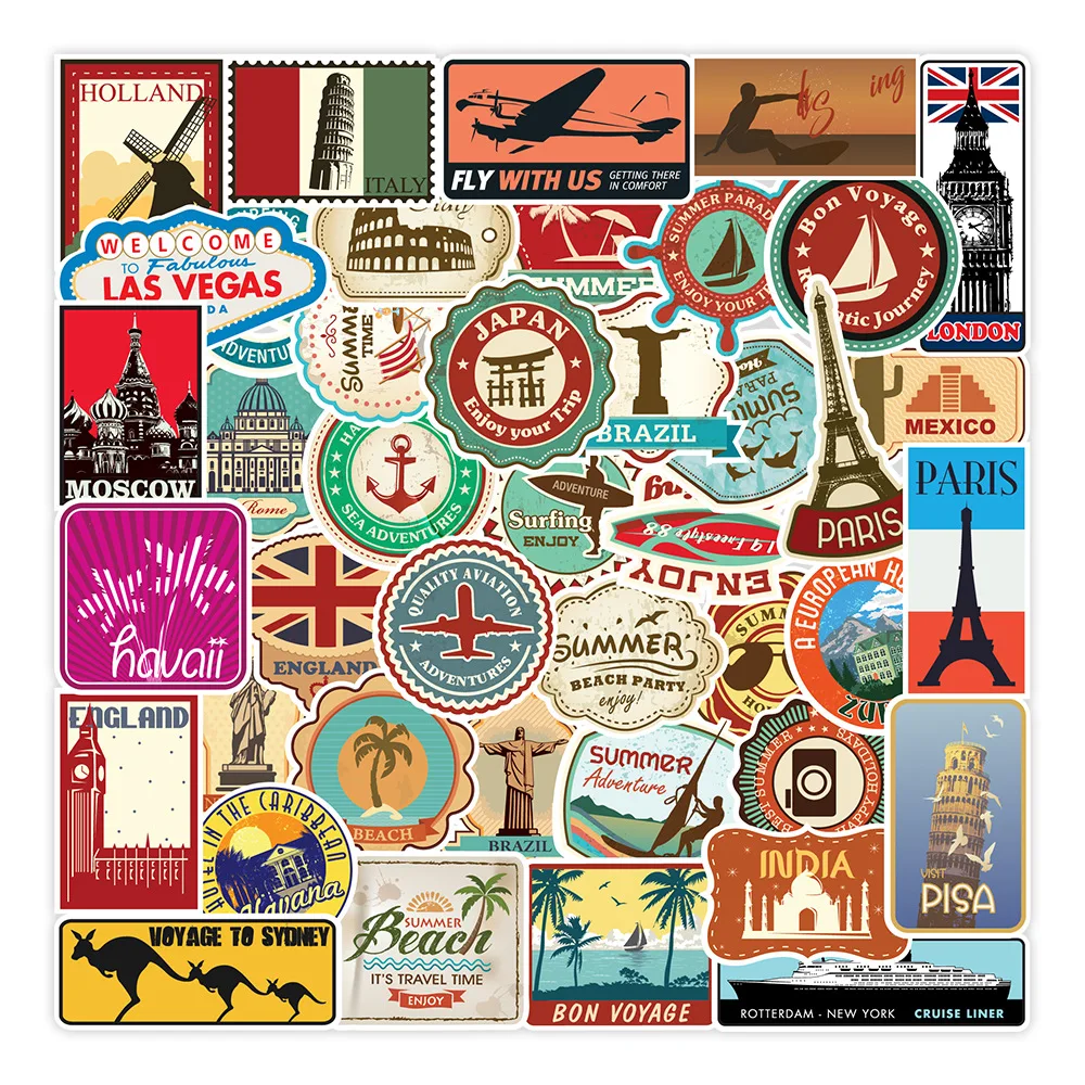 

10/50/100pcs Retro Global Travel City Landscape Stickers Decal for Stationery Travel Luggage Skateboard Laptop Guitar Sticker
