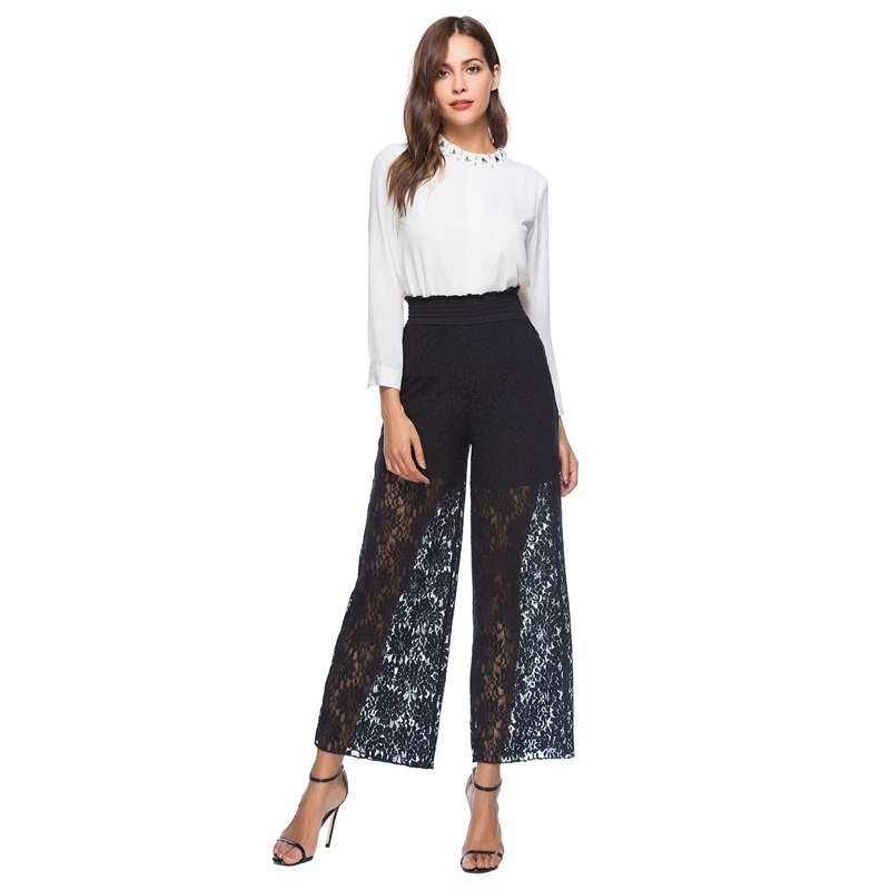 

Black Wide Leg Trousers Elegant Outfits For Women Summer 2021 Lace Pants Elastic High Waist Ladies Office Wear Fashion Bottoms