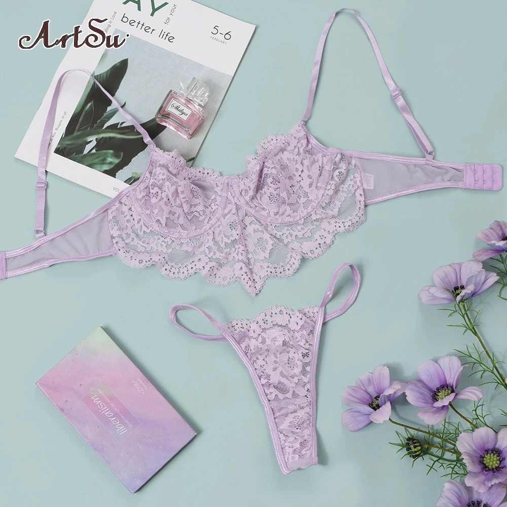 

ArtSu 2 Pieces Lace Bra And Panty Set Women Bra With Steel Bone Bodycon Intimate Lingerie Set Bralette Lace Brief Set 61418