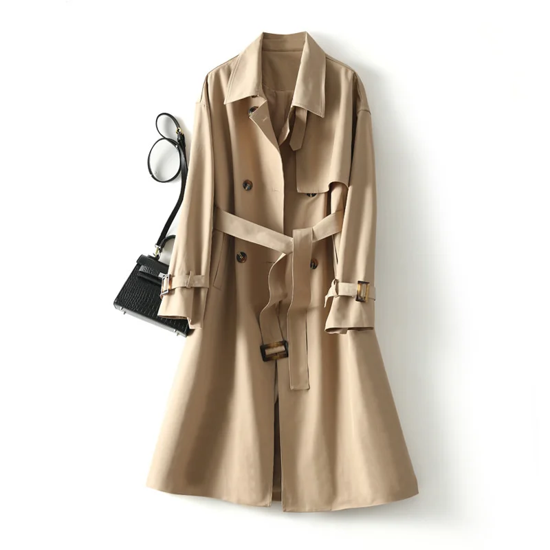 

2021 new autumn winter women's double breasted windbreaker Lapel lace up coat British style Street coat