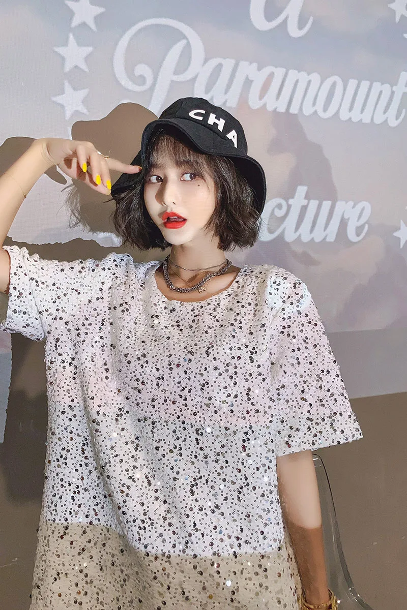 

Short Sleeve Casual T Shirt for Girls 2021 Summer New Sequined Chic T-shirt Women's Round Neck Loose Plus Size Shirt Top