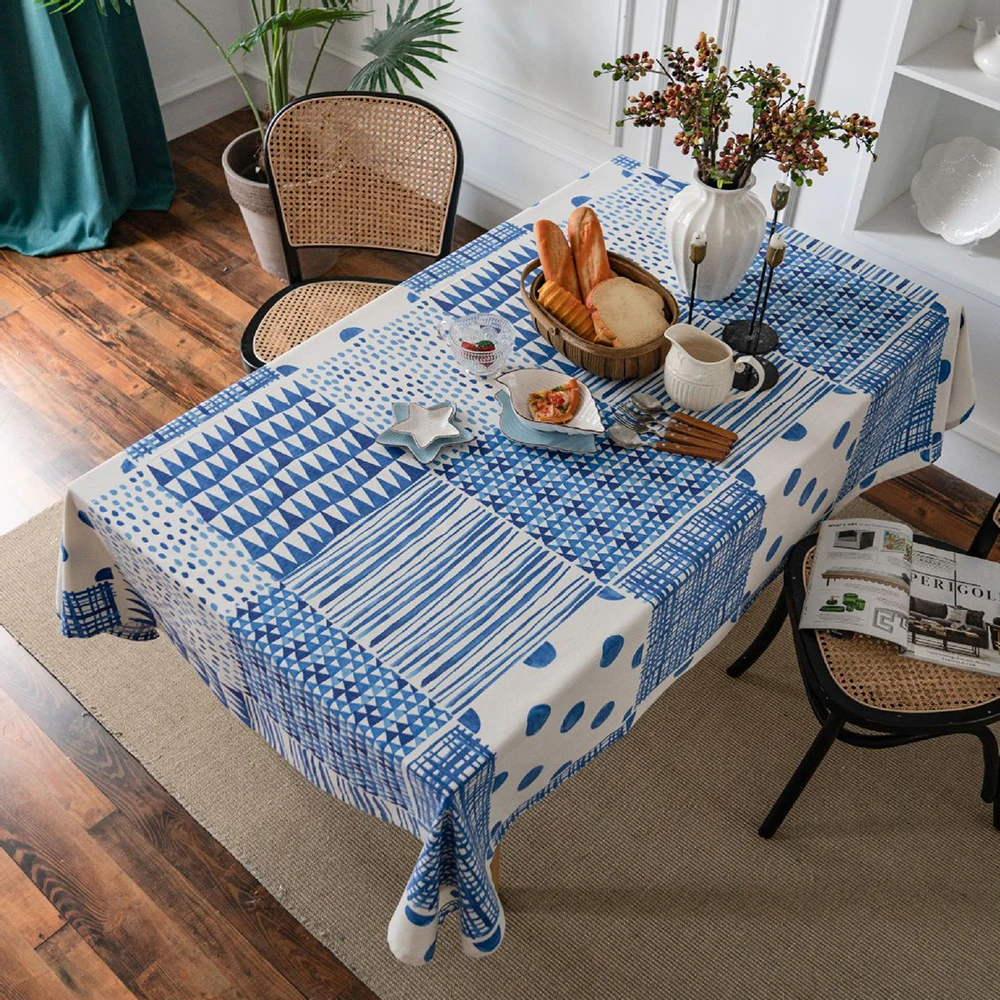 

AiFish Tablecloth Blue and White Grid Stitching Geometric Printing Cotton and Linen Thicker Home Restaurant kitchen Table Cloth
