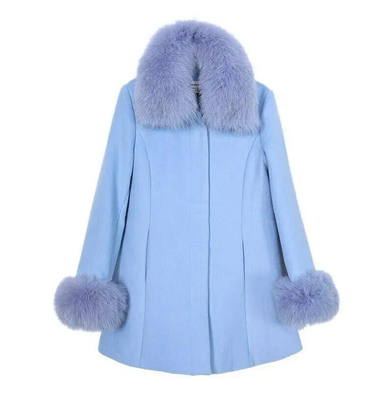 

New Light Pink New Style Fox Fur Collar Thick Woolen Coat and Woolen Coat Women Outerwear Winter Warm Soft Overcoat