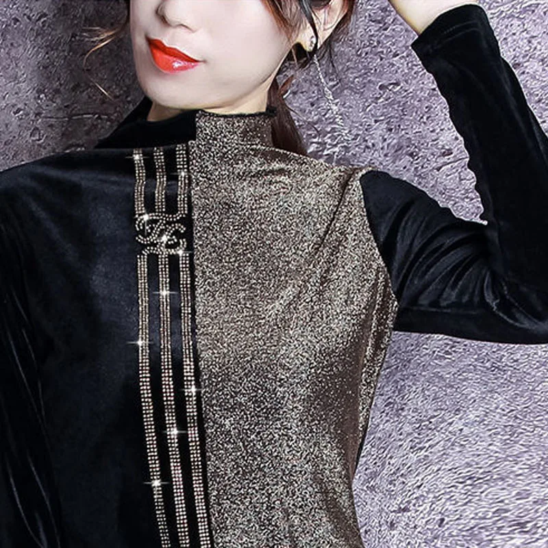 Blouses Women's Plus Size Blusas 2021 Spring Cotton Pleuche Diamonds Splicing Stand Collar Long Sleeves Shirts Casual Tops Woman