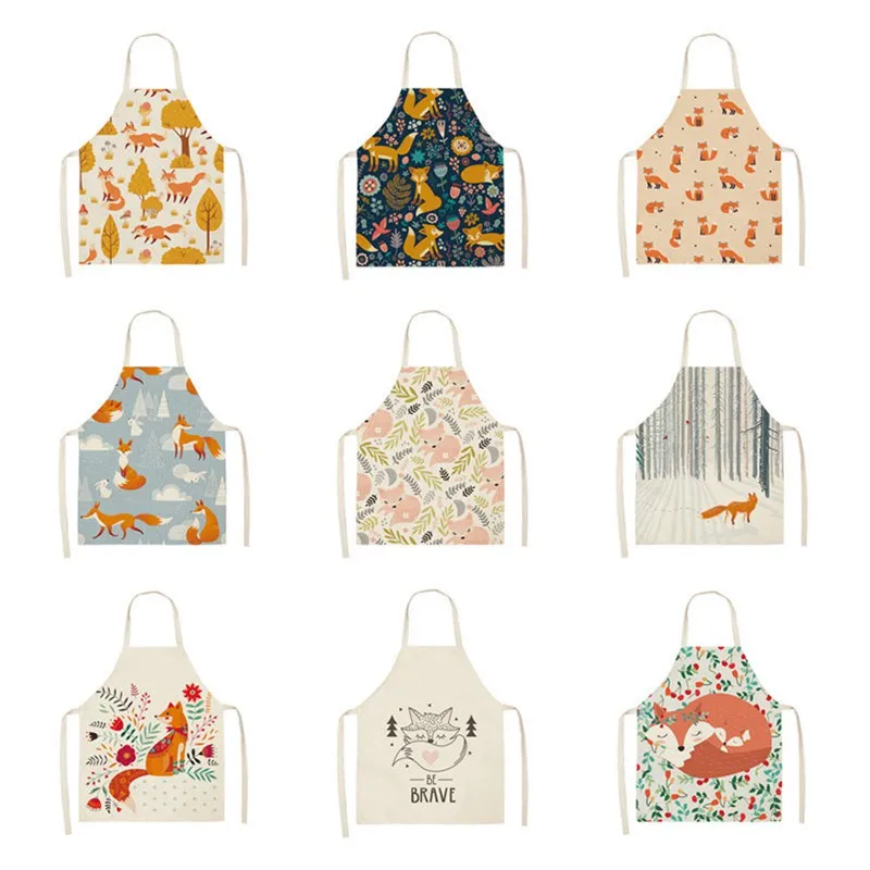 

Cartoon Fox Printed Cotton Linen Apron Woman Adult Bibs Home Cooking Baking Coffee Shop Cleaning Aprons Kitchen Accessory