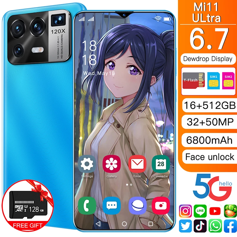 Смартфон глобальная версия Mi11 Ultra, 6,7 дюйма, 16 ГБ, 512 ГБ, 6800 мАч, 32 + 50 Мп, HD-камера, мобильный разблокированный сотовый телефон Android