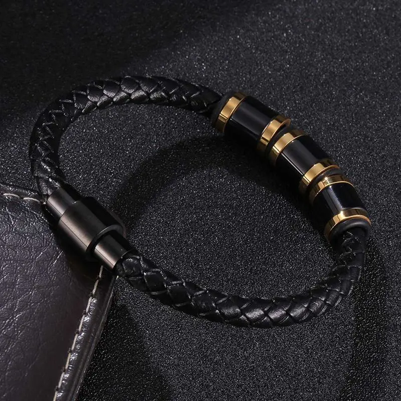 Trendy Men Leather Bracelet Genuine Cool Black Gold Creative Design Stainless Steel Magnetic Buckle Wristband BB1225 |