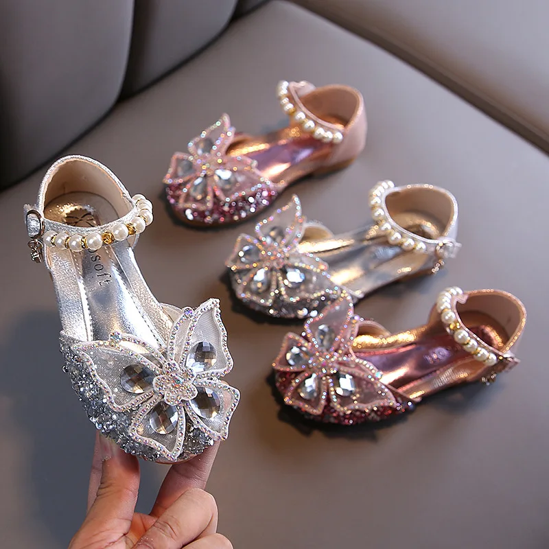 

Girls Sequin Lace Bow Kids Shoes Girls Cute Pearl Princess Dance Single Casual Shoe 2021 Children's Party Wedding Shoes