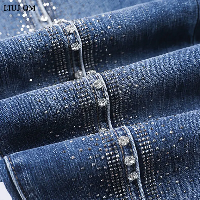 2021 Korean Style New Blue Jeans Woman Pencil Pants High-waisted Denim Trousers Women Diamond-studded  High-elastic ropa mujer