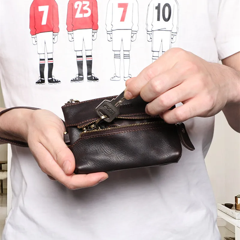 

Men New Fashion Designer Genuine Leather Vintage Car Key Bag Card Holder Coin Purse Key Bag Zipping Casual Bag with Wristband