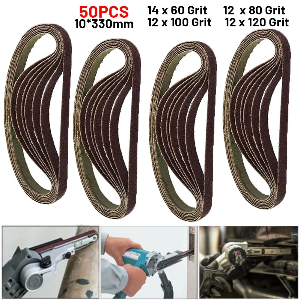 

50pcs/Set 330 X 10mm Air Finger Sander Sadning Belt 60/80/100/120 Grit For Portable Machine High Quality