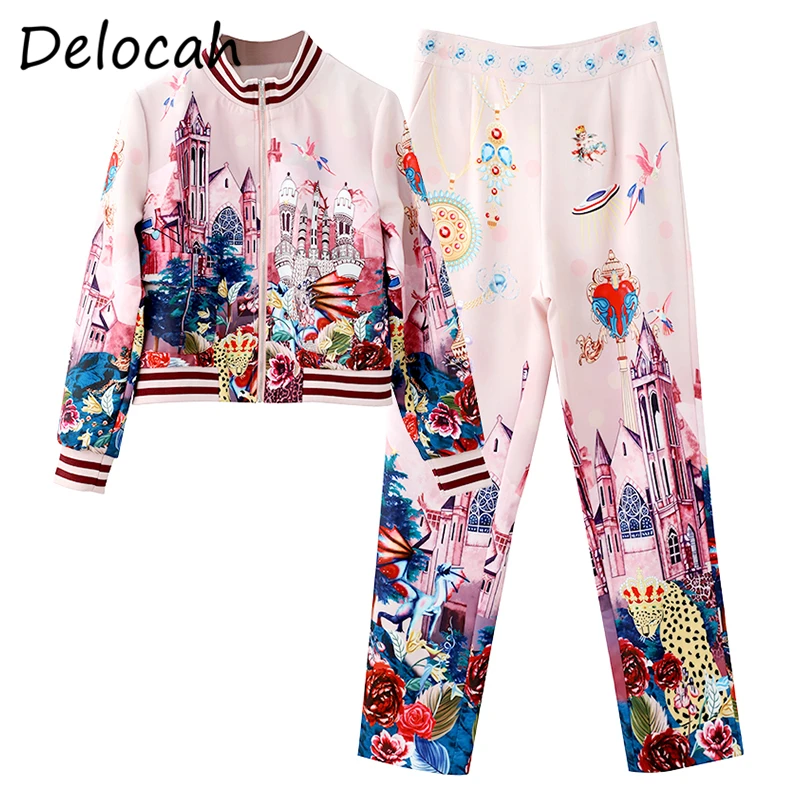 

Delocah Women Summer Fashion DesignerPants Set Lantern Sleeve Loose Tops + High Waist Printed Long Pants 2 TwoPiecesSuits