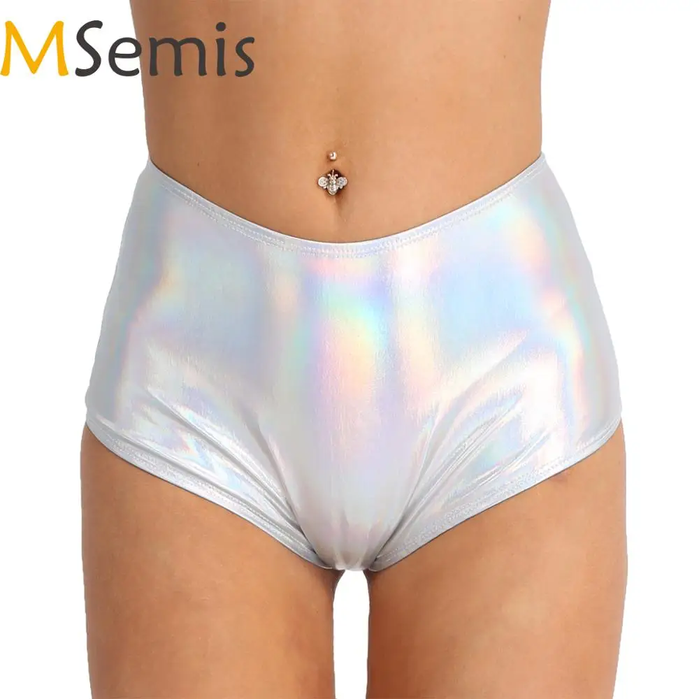 Женские кожаные блестящие шорты с завышенной талией и молнией на спине | Женская