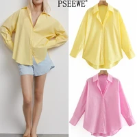 pseewe za top woman yellow button up shirt women long sleeve spring 2021 office blouse female asymmetric hem chic pink shirt