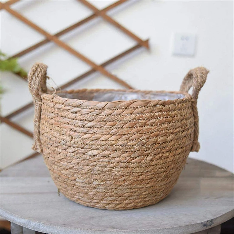 

Garden Flower Pot Natural Seagrass Basket Woven Plant Pot Handmade Belly Basket Rattan Straw Basket