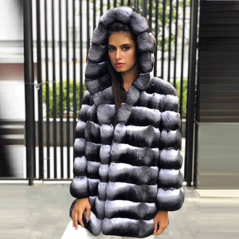 BFFUR 130cm Long Real Rex Rabbit Fur Coat With Hood Whole Skin Genuine Rex Rabbit Chinchilla Color Jacket Natural Women Overcoat