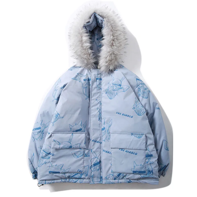 Winter Lovers Loose Thick Warm Parkas With Fur Collar Women Men Fashion Street Hooded Cotton Coats Ins Print Jackets 3 Colors