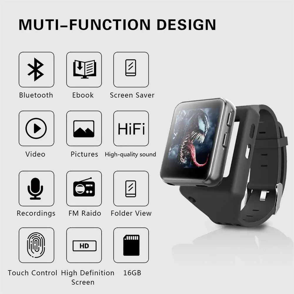 Мини-Клип MP4 плеер с Bluetooth 4,2, спортивные часы MP4 видео плеер сенсорный экран, HiFi без потерь Звук Музыкальный плеер для бега