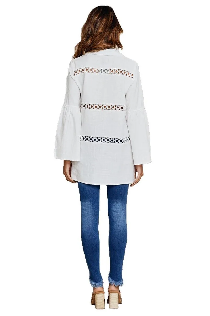 

Sexy Women's Hollow Out Chiffon Shirts Solid Long Sleeves Turn Down Collar Single Breasted Flare Sleeves Women Blouse