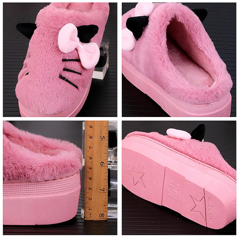 Модные женские меховые тапочки зимние теплые хлопковые на высоком каблуке 5 см с