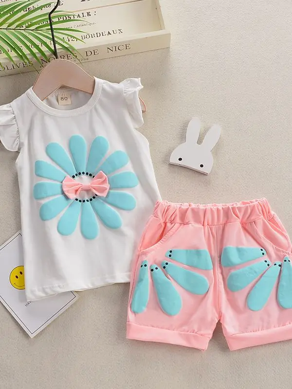 Комплект летней одежды для маленьких девочек хлопковая Повседневная футболка