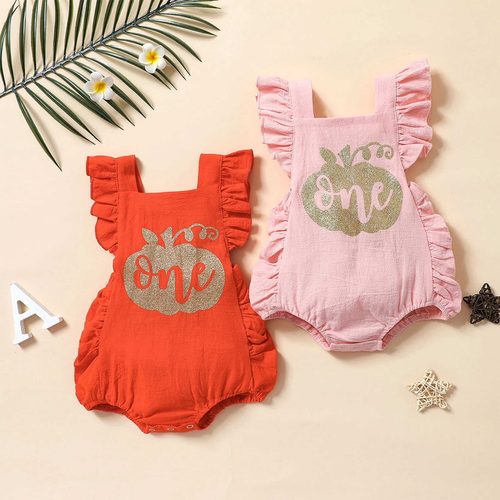 

Summer Baby Pumpkin Sequins Romper Sleeveless Square Collar Backless Short Jumpsuit with Ruffles Infant Rompers Newborn Clothes
