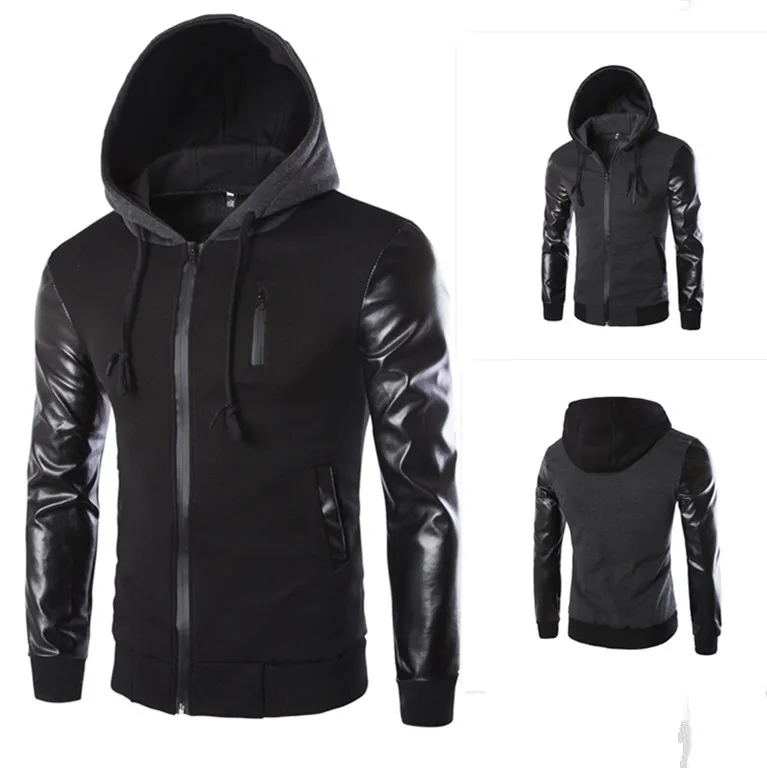 

2021 New Men's Anorak Youth Fashion Sleeve Leather Patchwork Hooded Jacket
