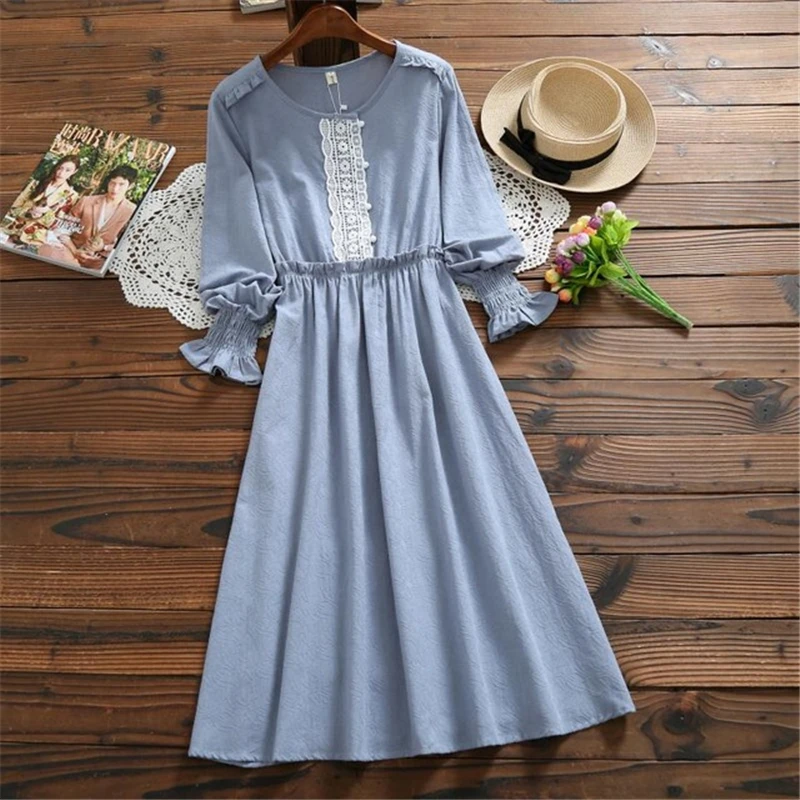 2019 o-образным вырезом голубое зеленое платье элегантное миди с длинными рукавами